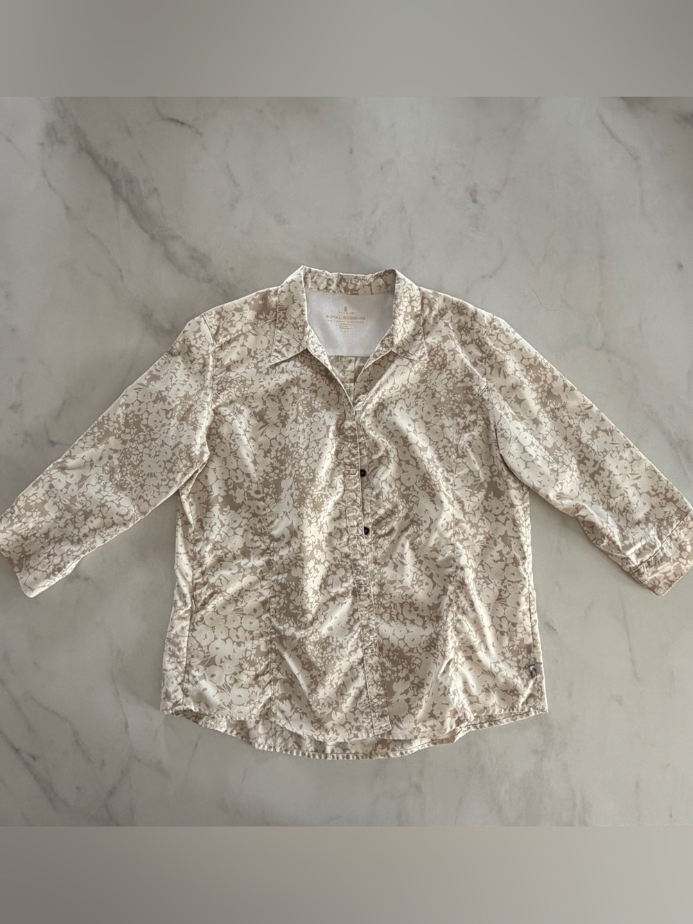 Royal Robbins Women's Floral Button-Down Shirt in Cream and Beige